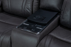 Close-up of the Ballina recliner drop-down centre console and touch control panel set into the grey leather seating