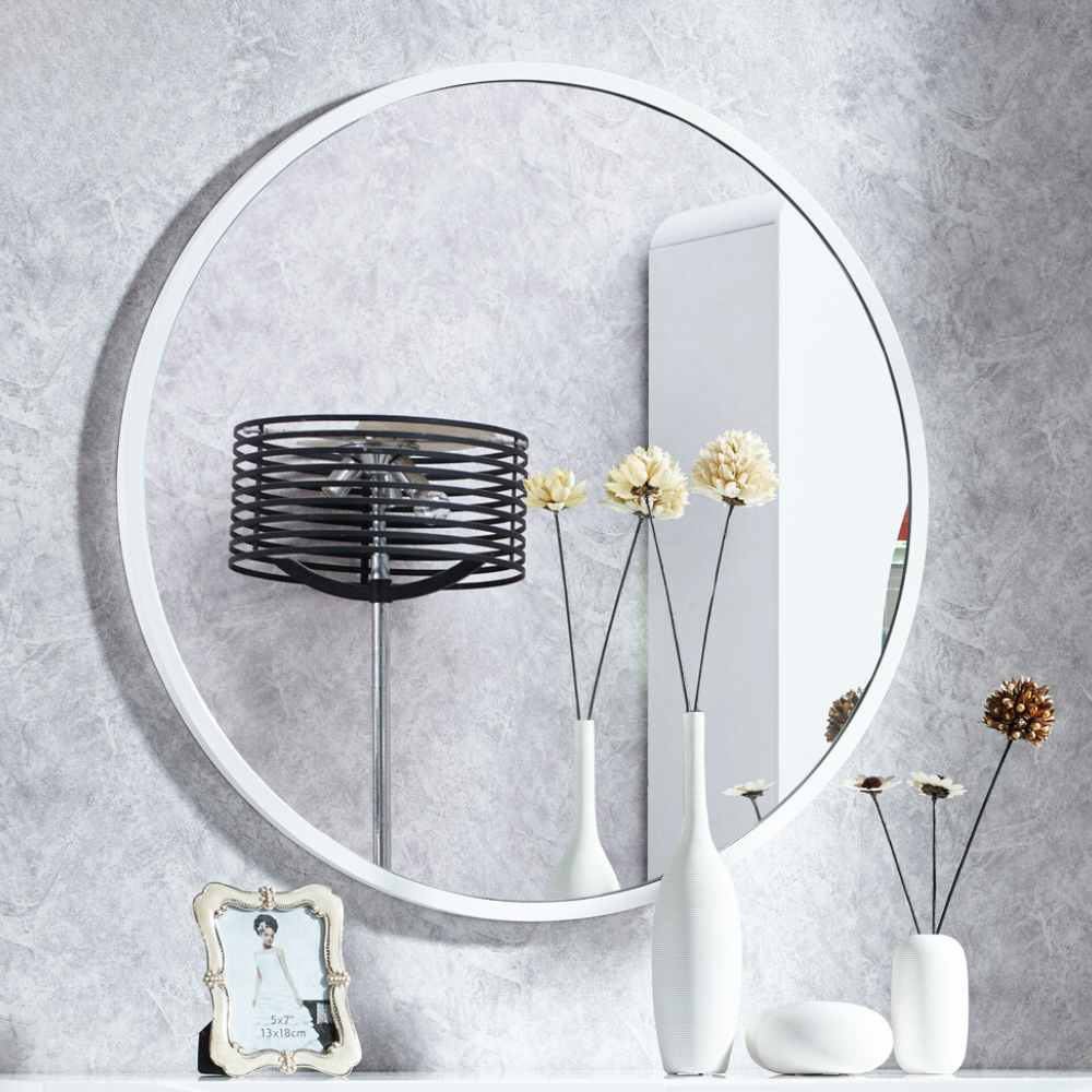 Dior White Round Wall Mirror. Modern white frame, circle mirror. Shop online & in-store Brisbane, Gold Coast. 
