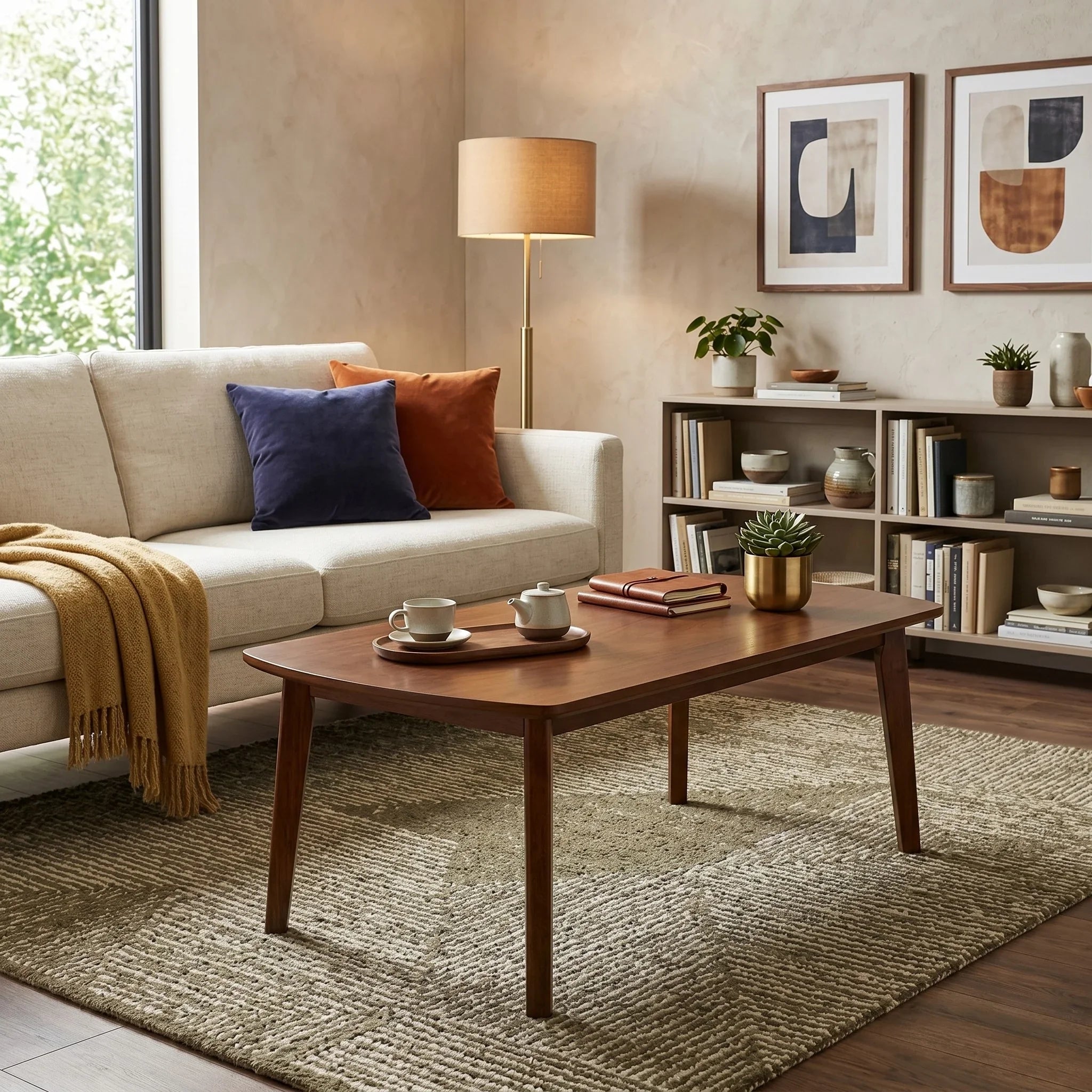 Living room with a beige sofa, wooden coffee table, and bookshelf.