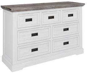 White wooden dresser with seven drawers and rustic wood top