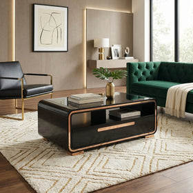 Modern living room with a black coffee table, green sofa, and black armchair.