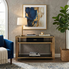 Modern console table with decorative items in a living room setting