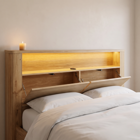 Close-up of the Canberra bed frame headboard with its two push-open storage compartments part open on their stays, beneath the LED-lit shelf and flush USB charging port - The A2Z Furniture