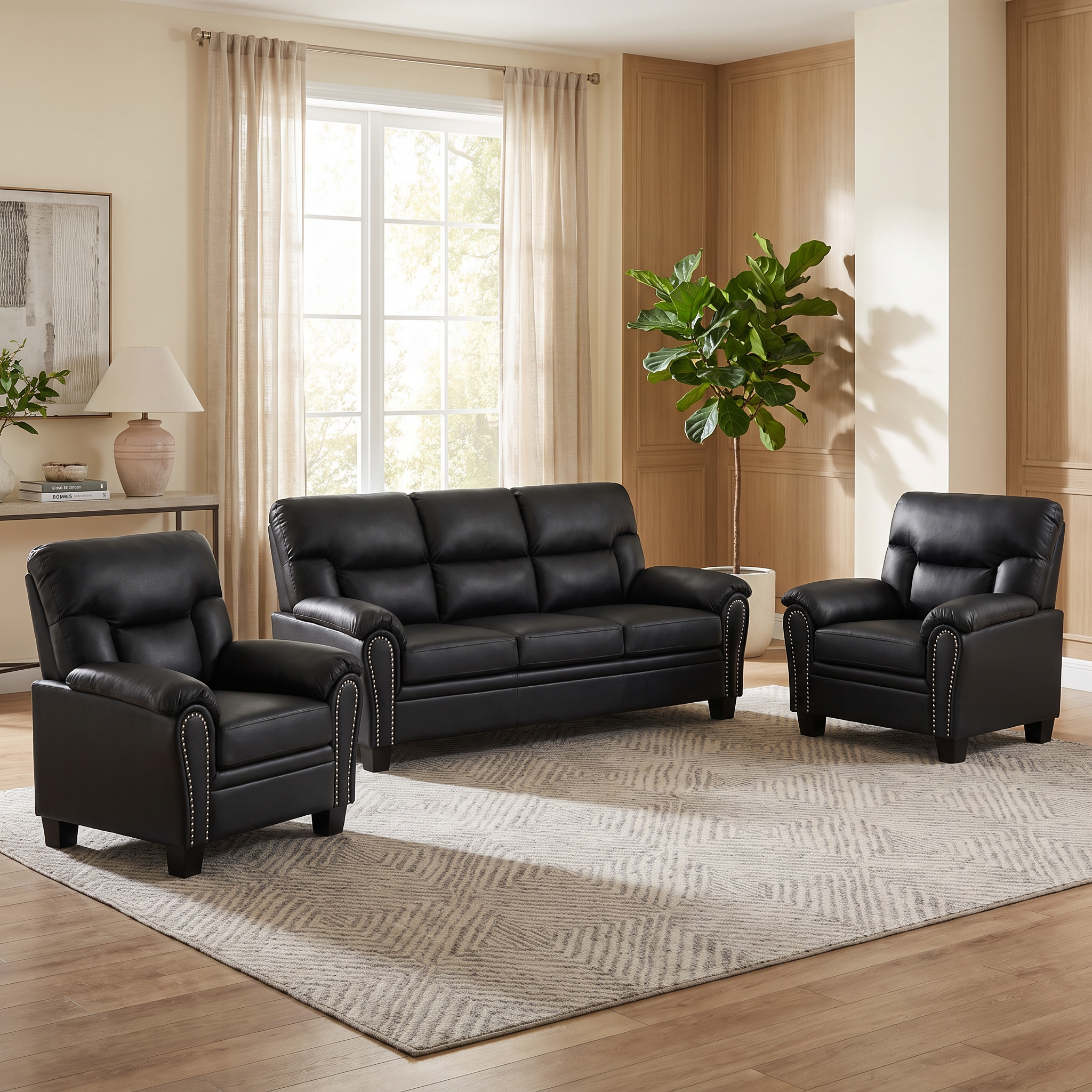Sebastian 3 Seater and 2 Single Armchairs PU Leather Sofa Set in black leather with studded rolled arms, styled in a modern living room