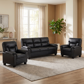 Sebastian 3 Seater and 2 Single Armchairs PU Leather Sofa Set in black leather with studded rolled arms, styled in a modern living room