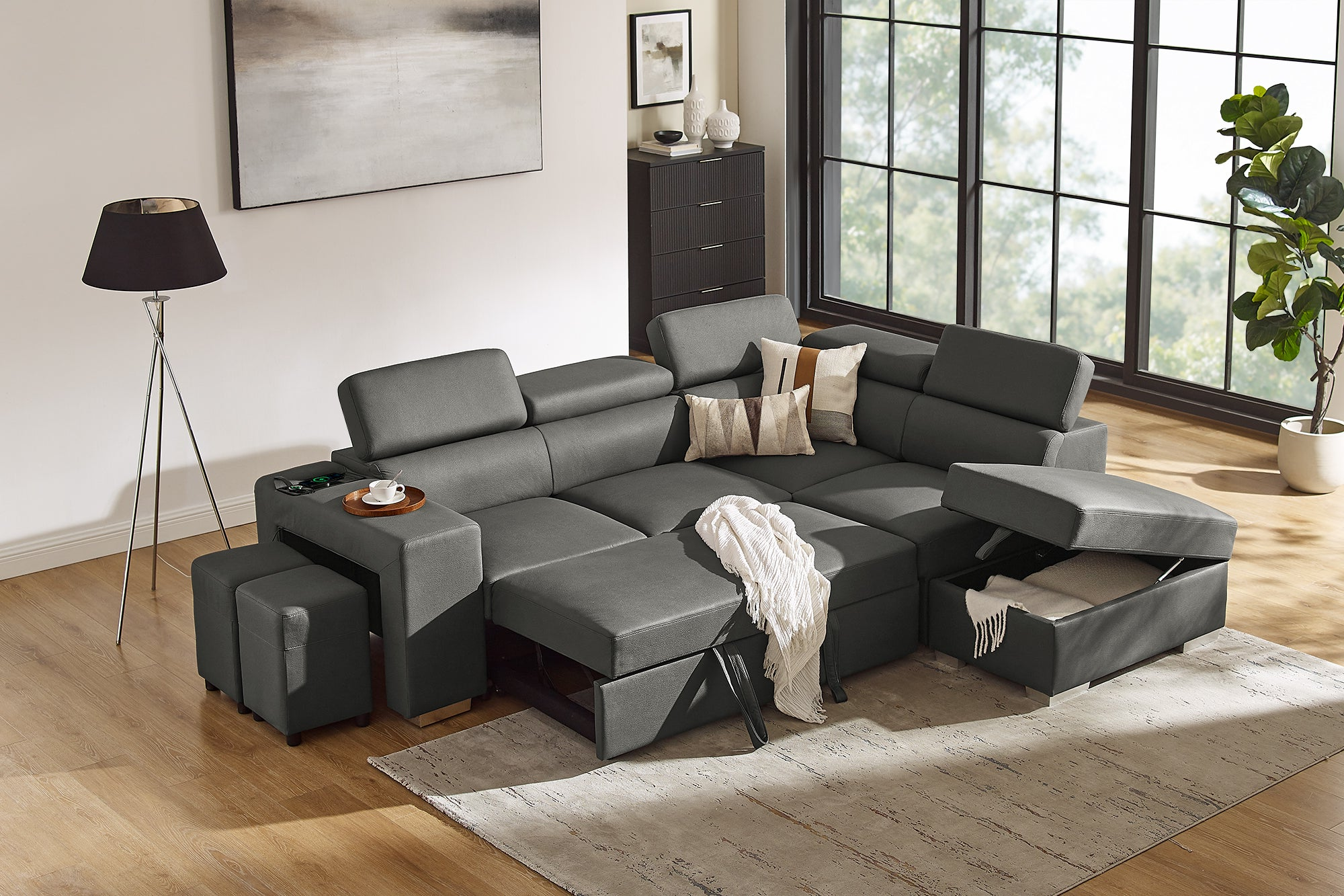 Grey sofa with a hidden lift-up chaise storage compartment in a styled Brisbane living room