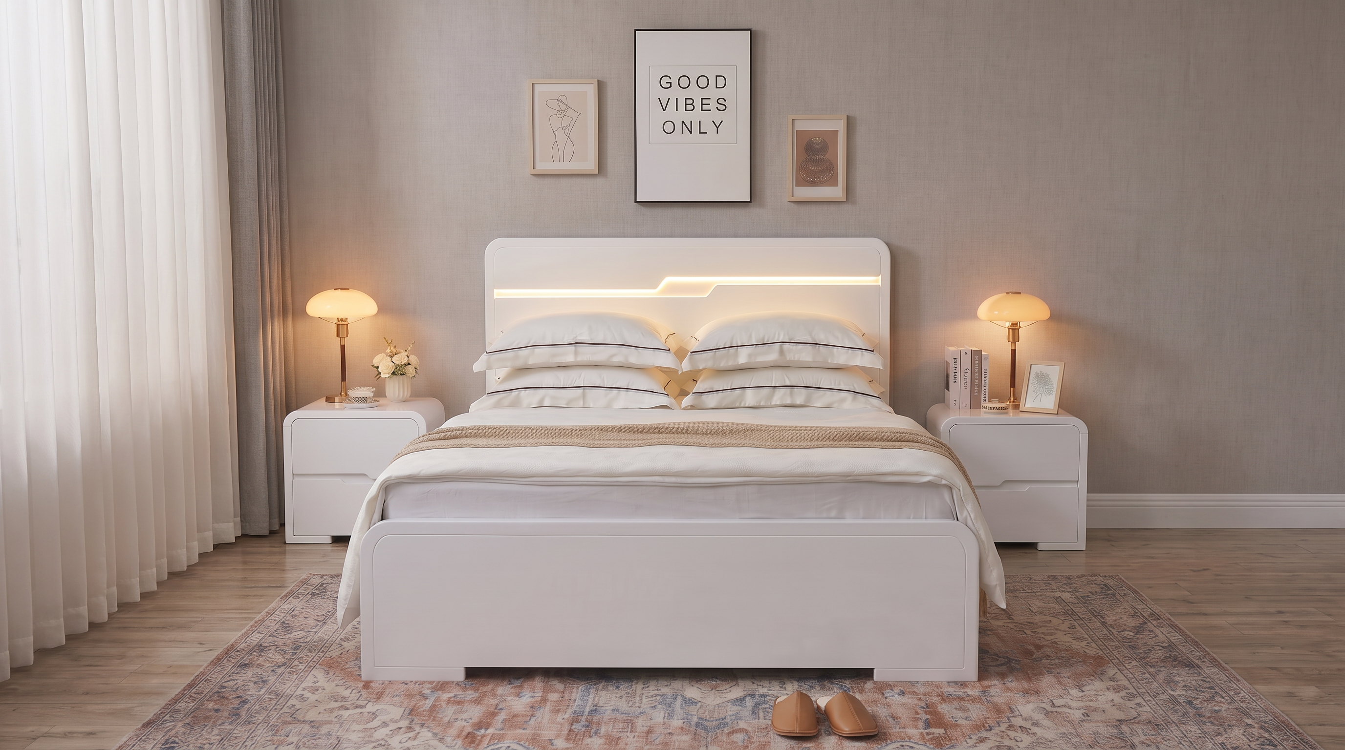 Carinda 3 Piece Bedroom Suite in gloss white - gas lift storage bed with its lit LED headboard channel, flanked by two matching two-drawer bedside tables in a warm neutral bedroom - The A2Z Furniture
