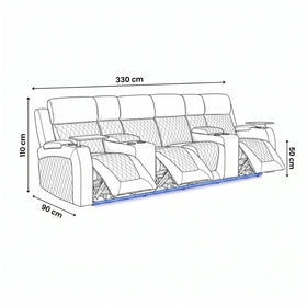 Byron 4-Seat Theatre Electric Recliner Lounge dimension diagram - 330cm width, 90cm depth, 110cm height, 50cm seat height