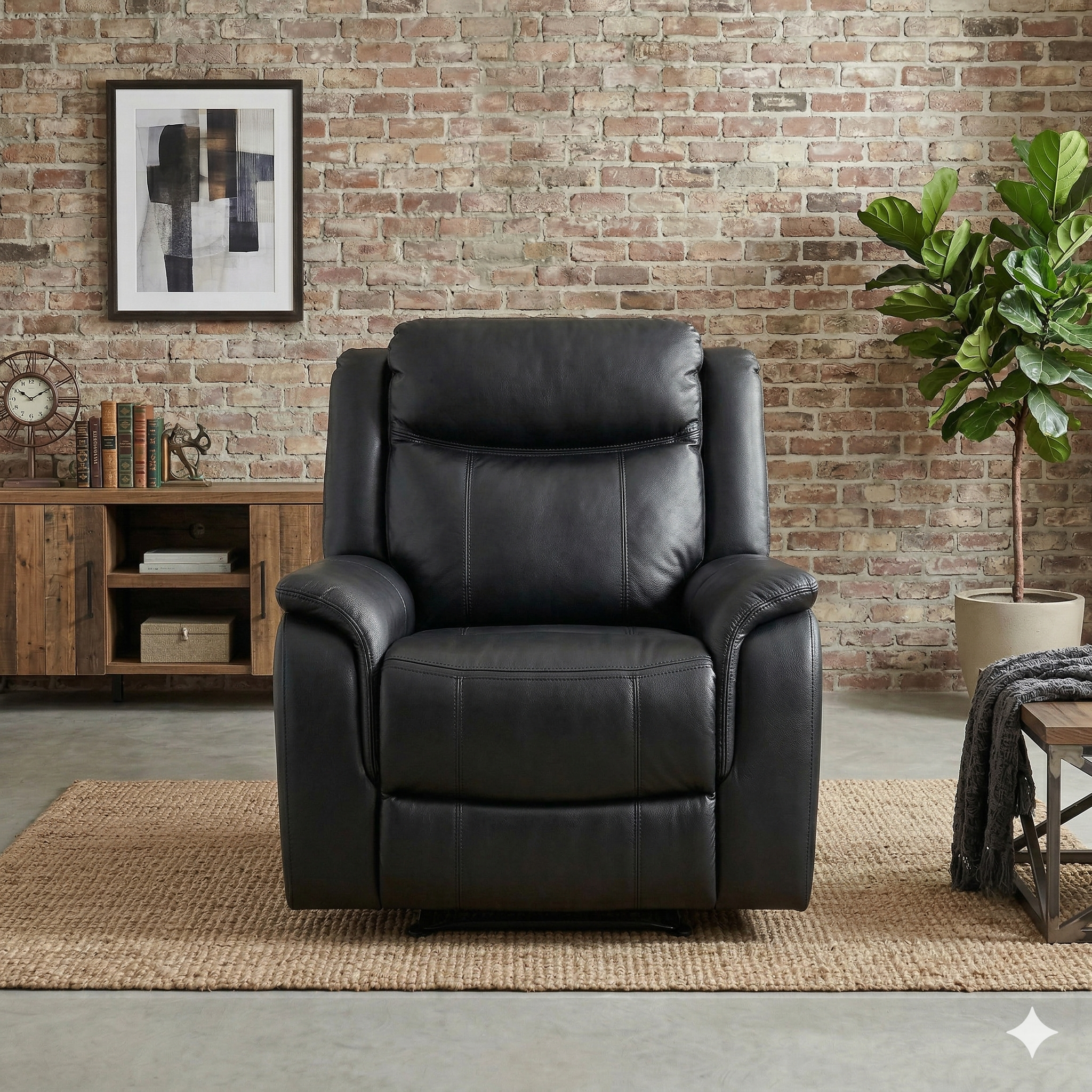 Black leather recliner chair in a living room with brick wall and decor.