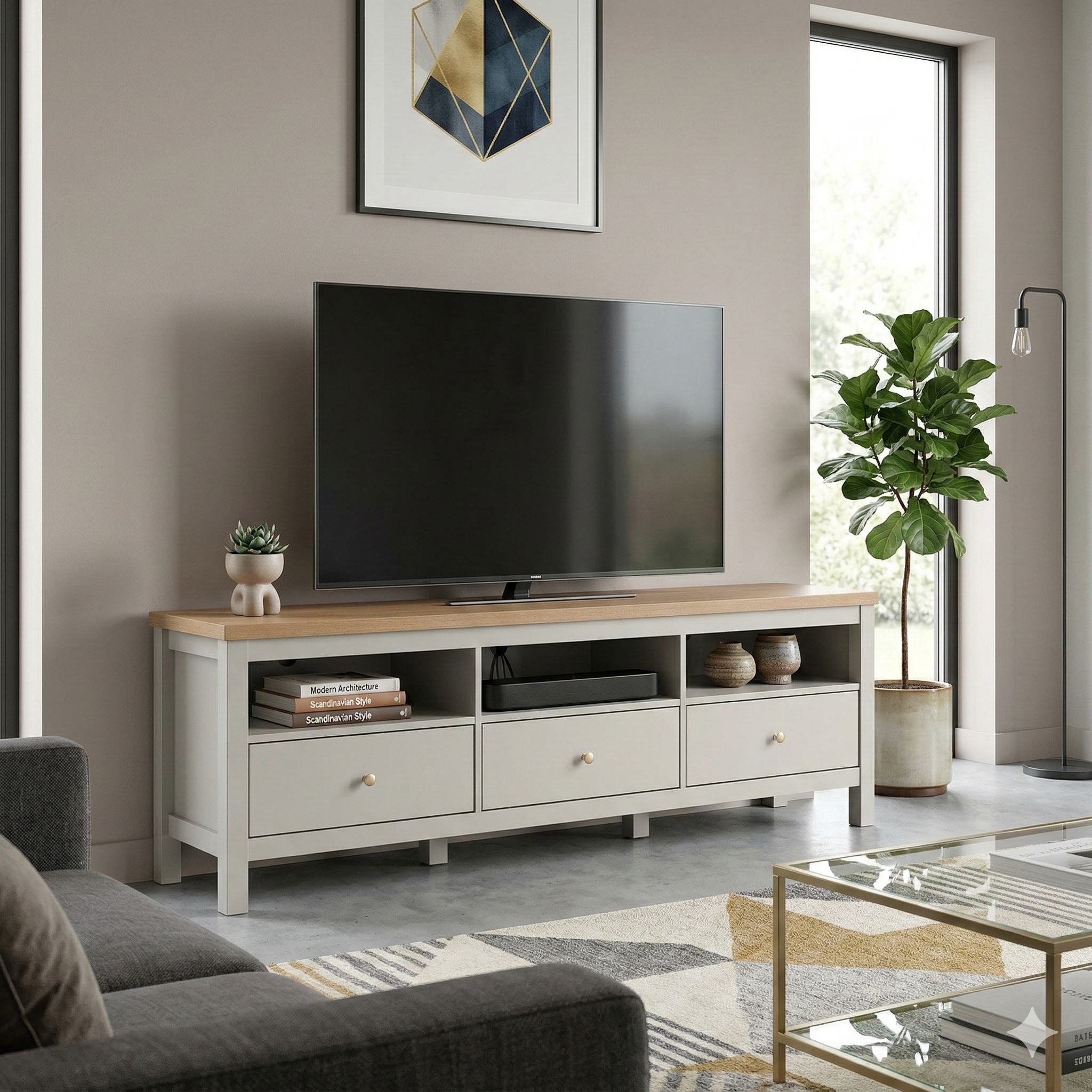 Living room with a TV on a wooden stand, gray sofa, and decorative elements.