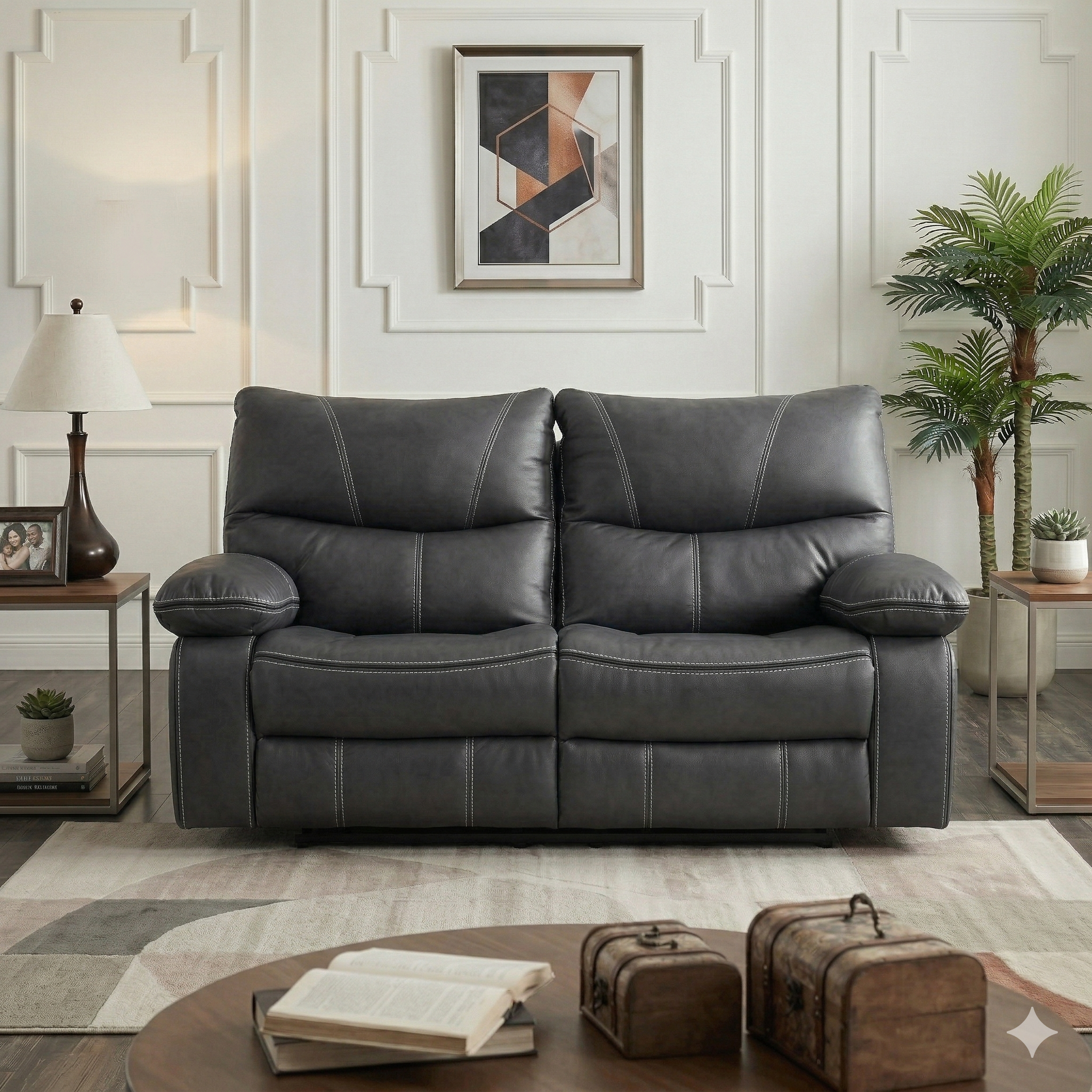 Gray fabric sofa in a living room setting with decor elements.