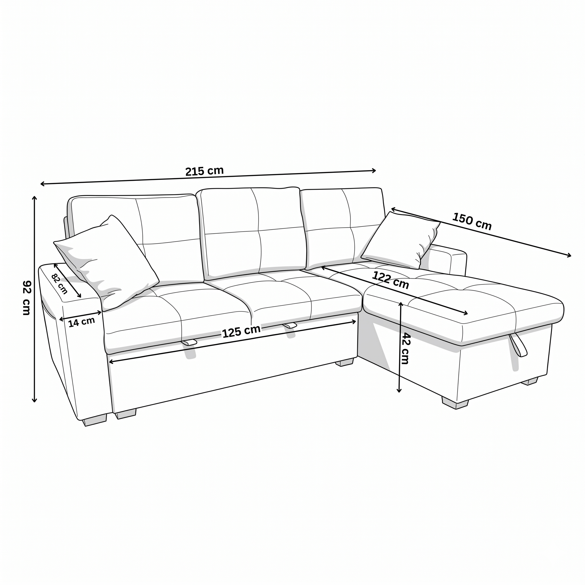 Diagram of a sectional sofa with dimensions labeled