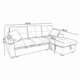 Diagram of a sectional sofa with dimensions labeled
