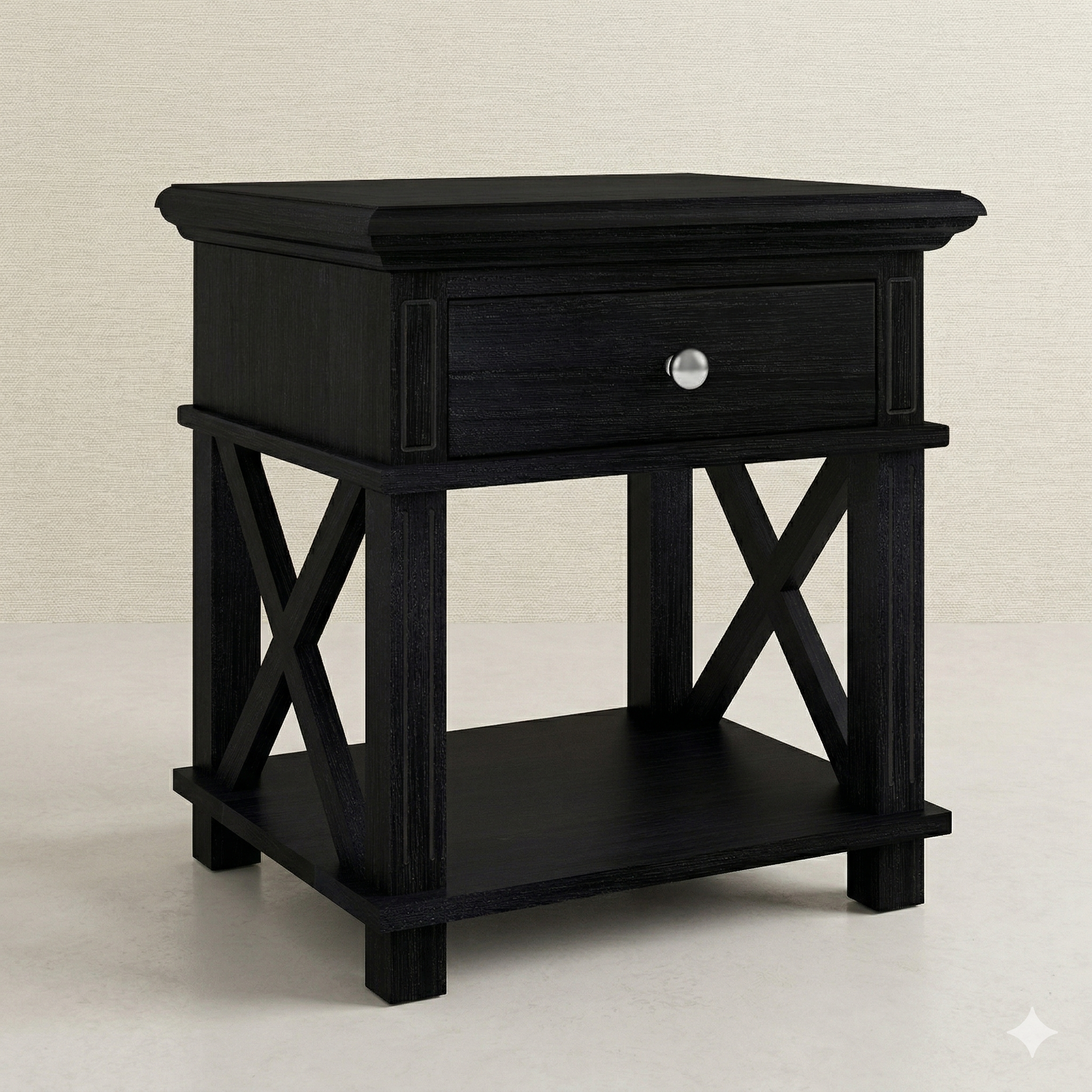 Black nightstand with a drawer on a beige background