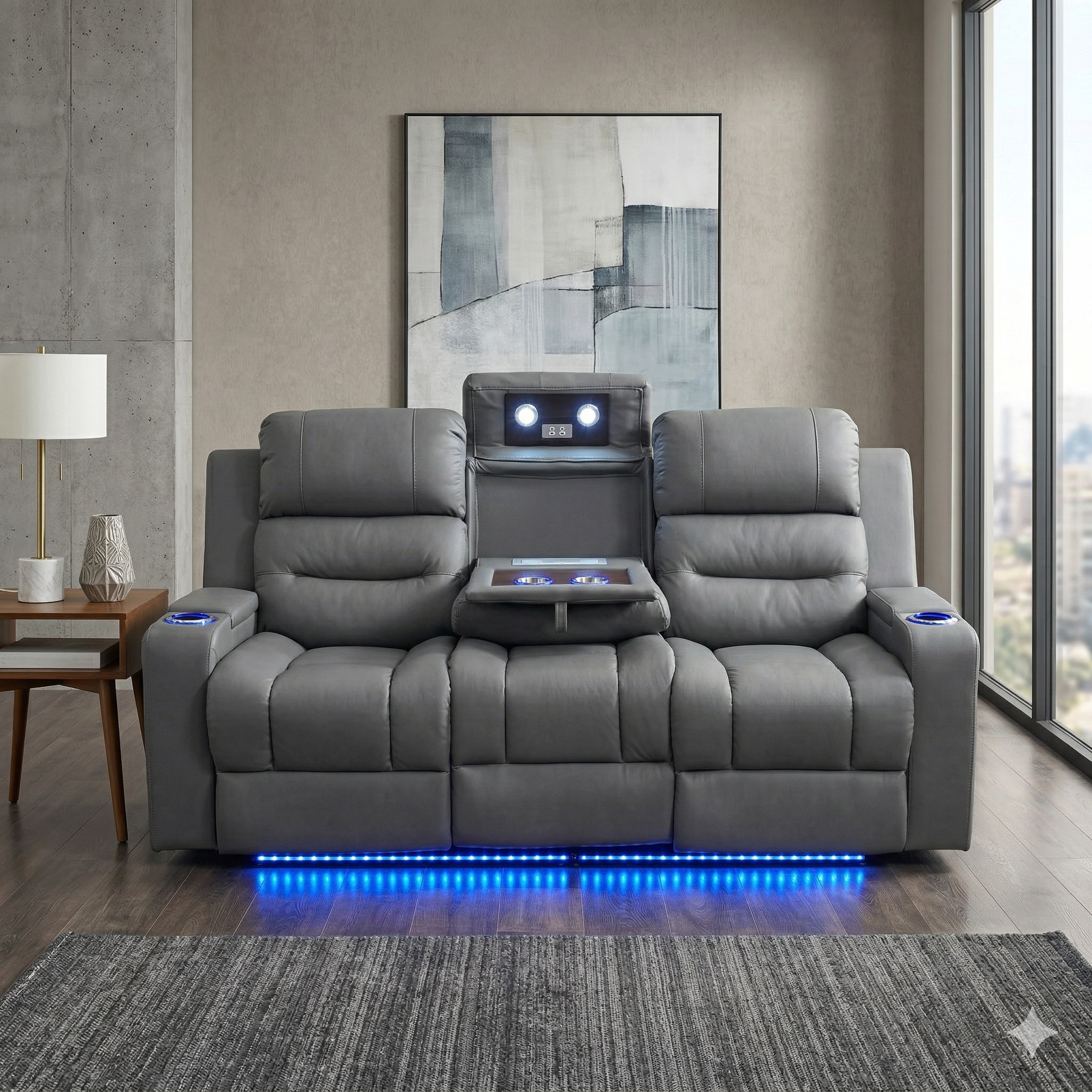 Gray recliner sofa with LED lighting in a modern living room.