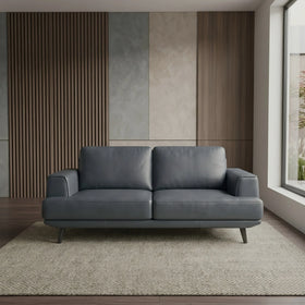 Picasso 2 Seater Leather Lounge in modern room setting with textured rug, featuring sleek black leather upholstery and minimalist design perfect for contemporary living spaces.