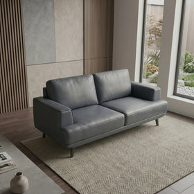 Picasso 2 Seater Leather Lounge in dark gray leather with clean lines and cushioned seats, placed on a textured rug in a modern living room with natural light.
