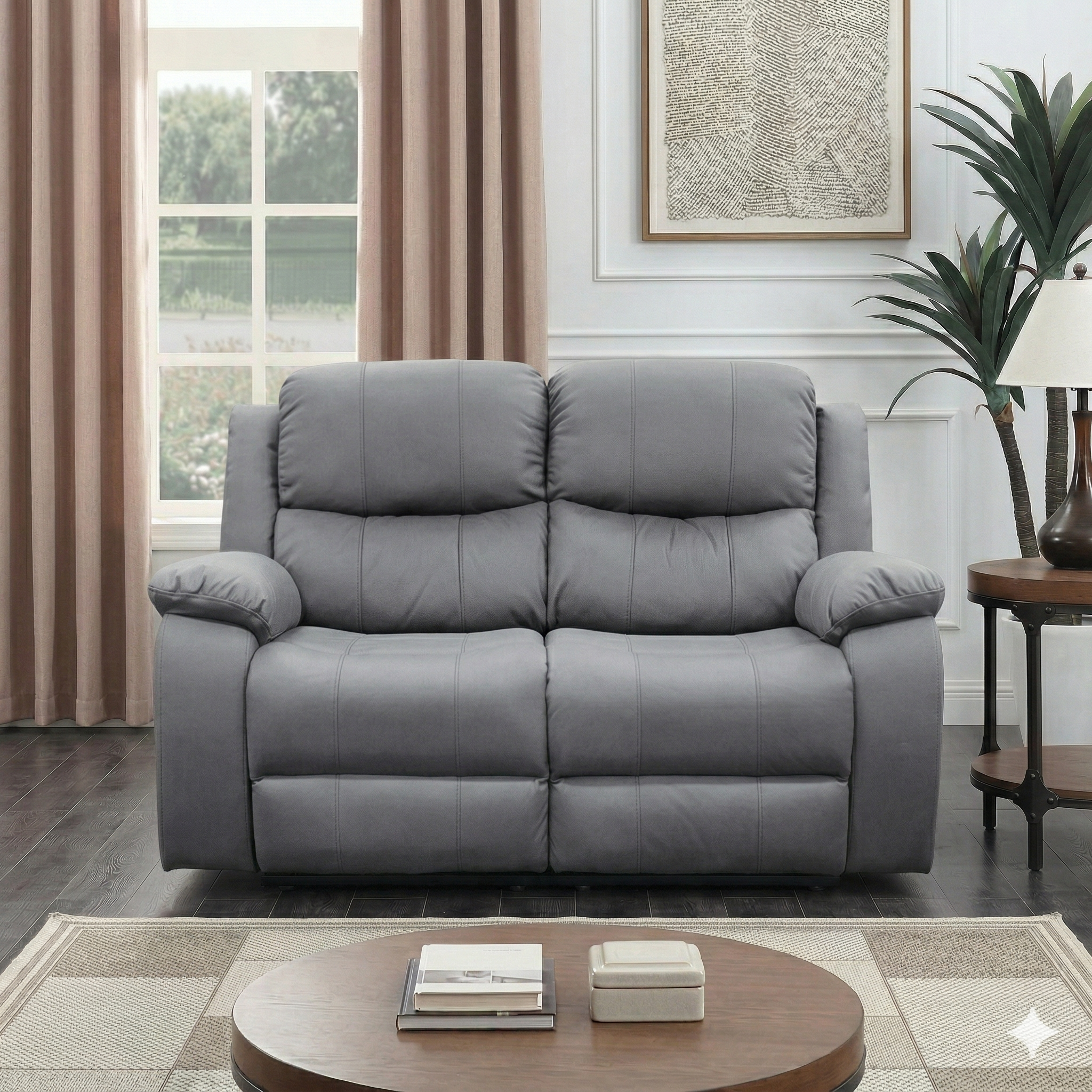 Gray sofa in a living room setting with a round wooden coffee table and decorative items.