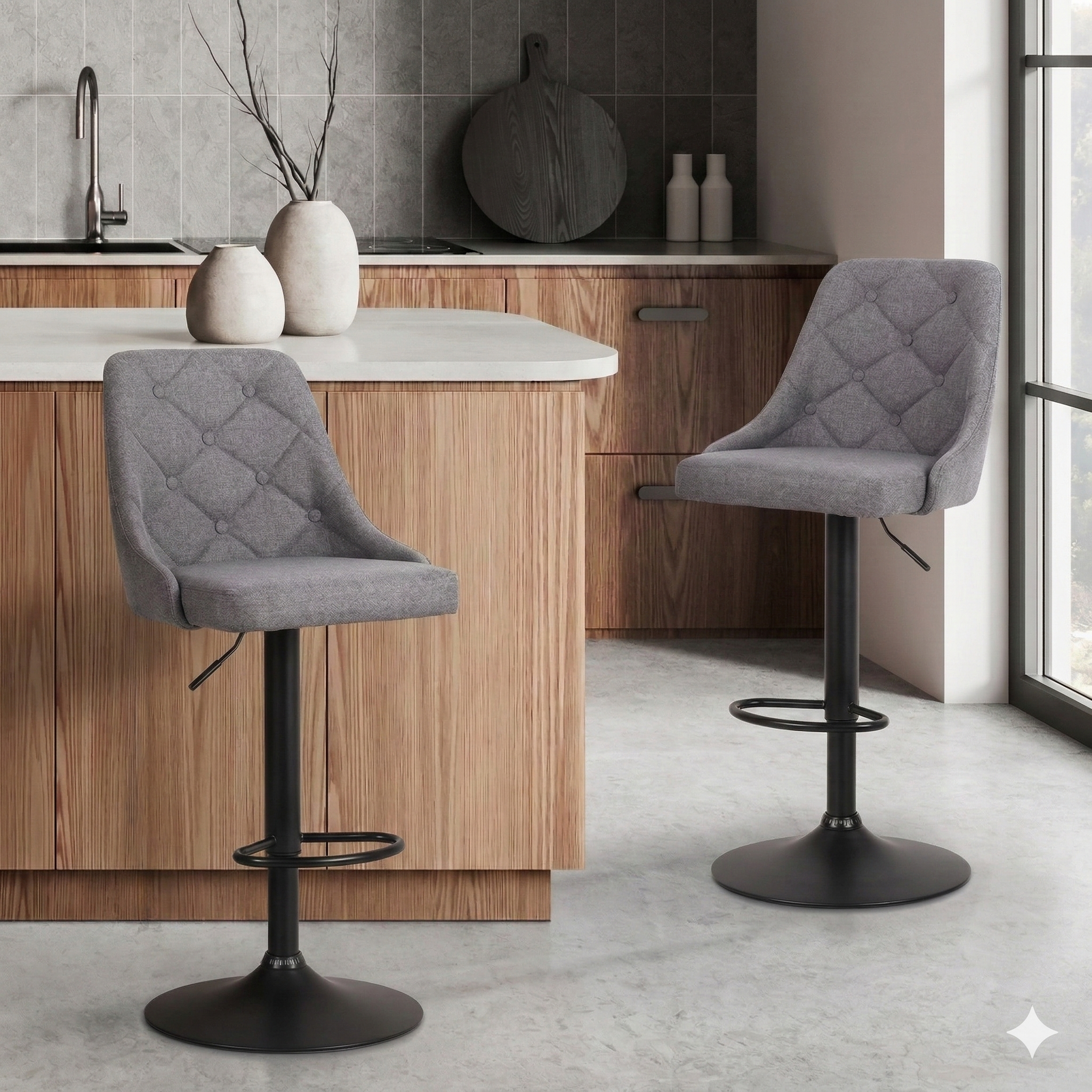 Modern grey fabric bar stools with black bases at a wooden kitchen island in a contemporary kitchen