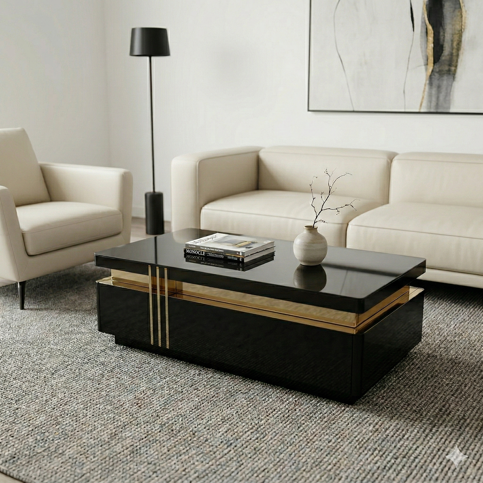 Modern living room with a black and gold coffee table, beige sofa, and armchair.