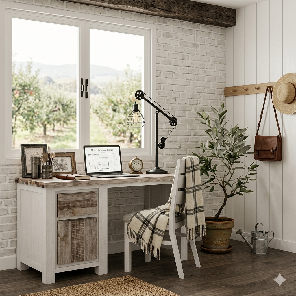 A photograph shows a modern farmhouse-style home office nook built with a mix of distressed white wood furniture and rustic accents against a painted brick wall. A large casement window with dark frames to the left looks out onto an apple orchard and a view of distant hills. The desk, made of white-painted wood with a top of weathered natural wood planks, is neatly organized with a silver pencil cup, two framed botanical prints, a stack of small books, a leather journal, a laptop displaying text and drawing