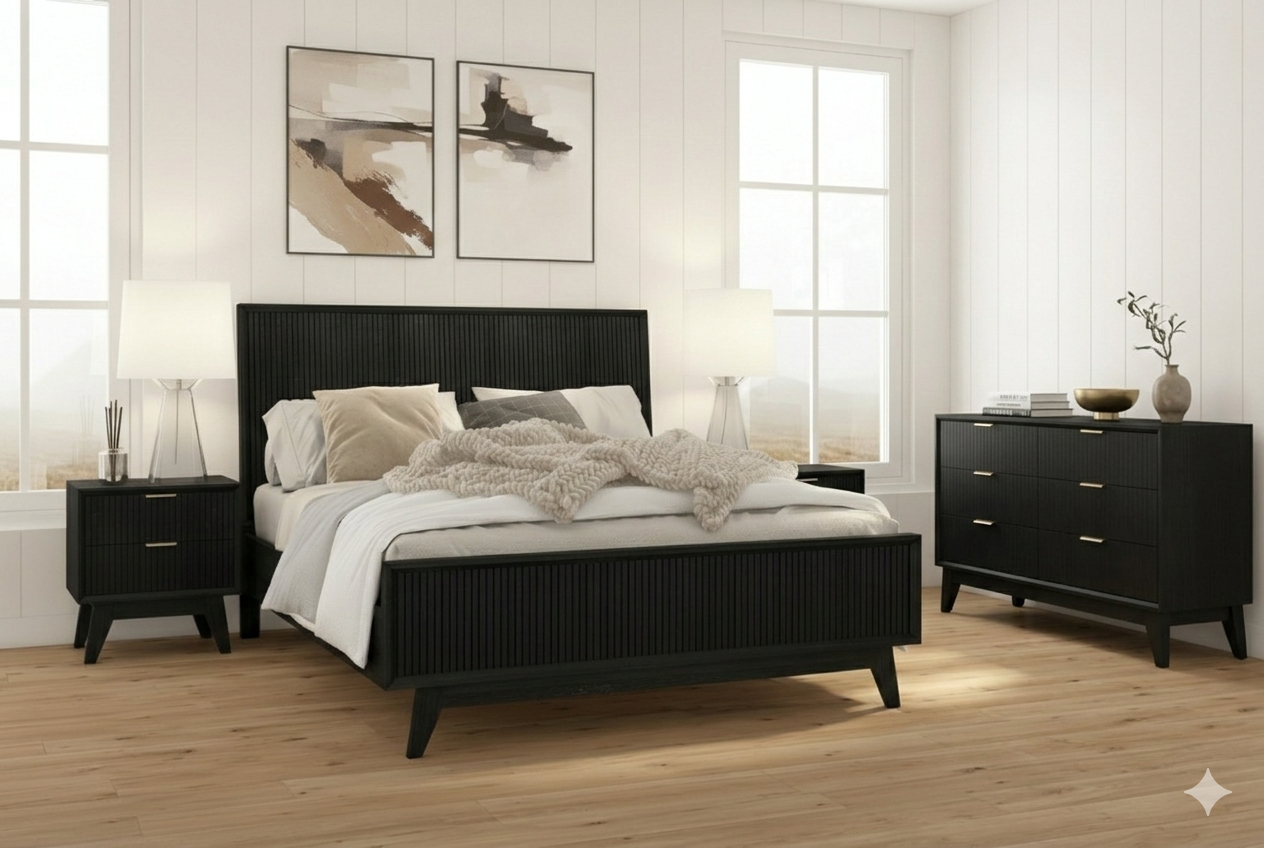 Modern bedroom with black bed frame, nightstands, and dresser.