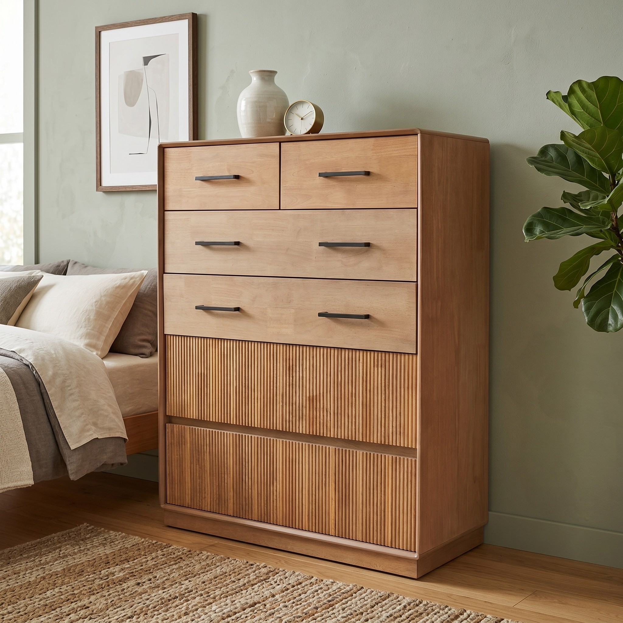 Castle Tallboy wooden chest of drawers with sleek black handles, styled in a modern bedroom setting featuring neutral bedding, wall art, and a plant.