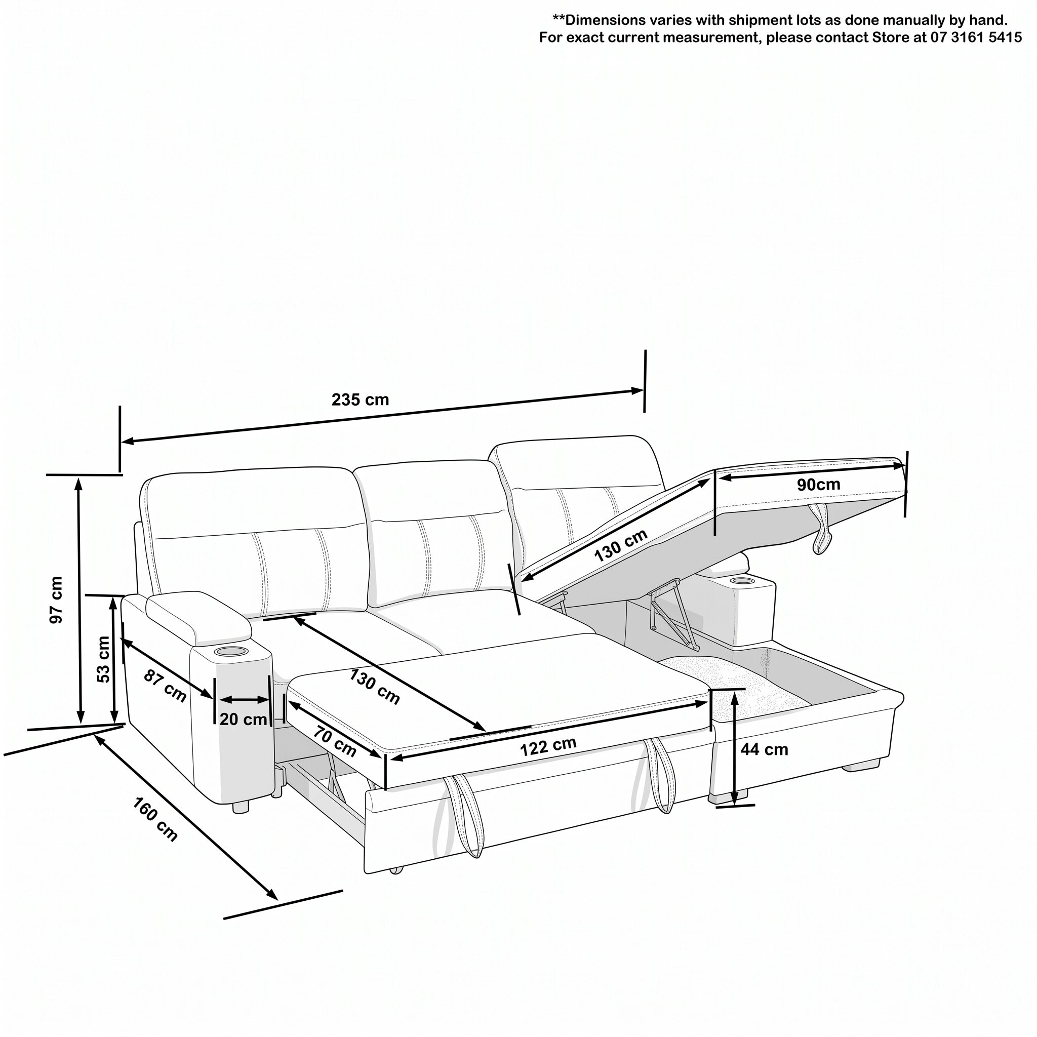 Elvis 3 Seater Pull-Out Sofa Bed dimension diagram showing the L-shaped sleeper measurements in centimetres, with a note that sizes vary slightly as items are handmade