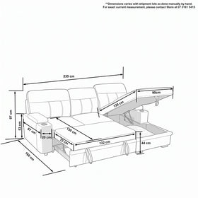 Elvis 3 Seater Pull-Out Sofa Bed dimension diagram showing the L-shaped sleeper measurements in centimetres, with a note that sizes vary slightly as items are handmade