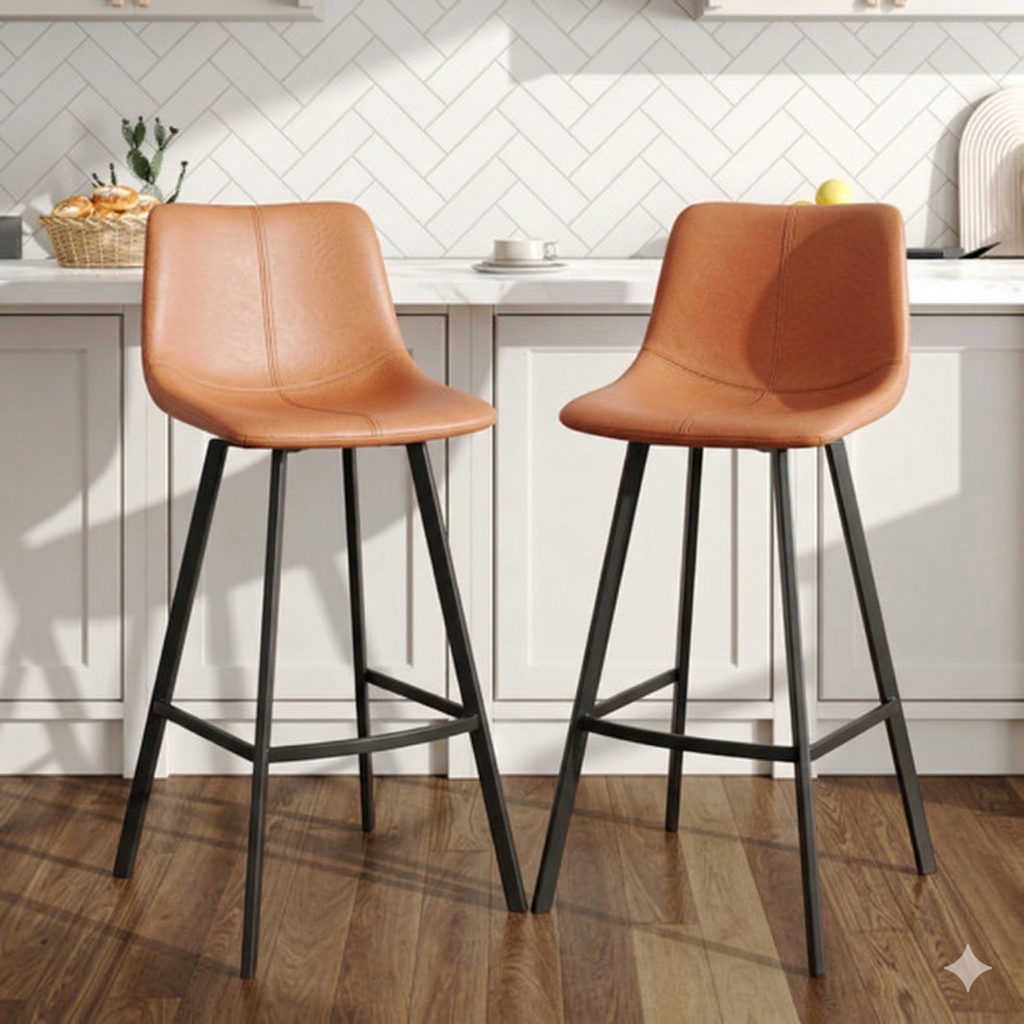 Two brown fabric bar stools with black metal legs in a kitchen setting.