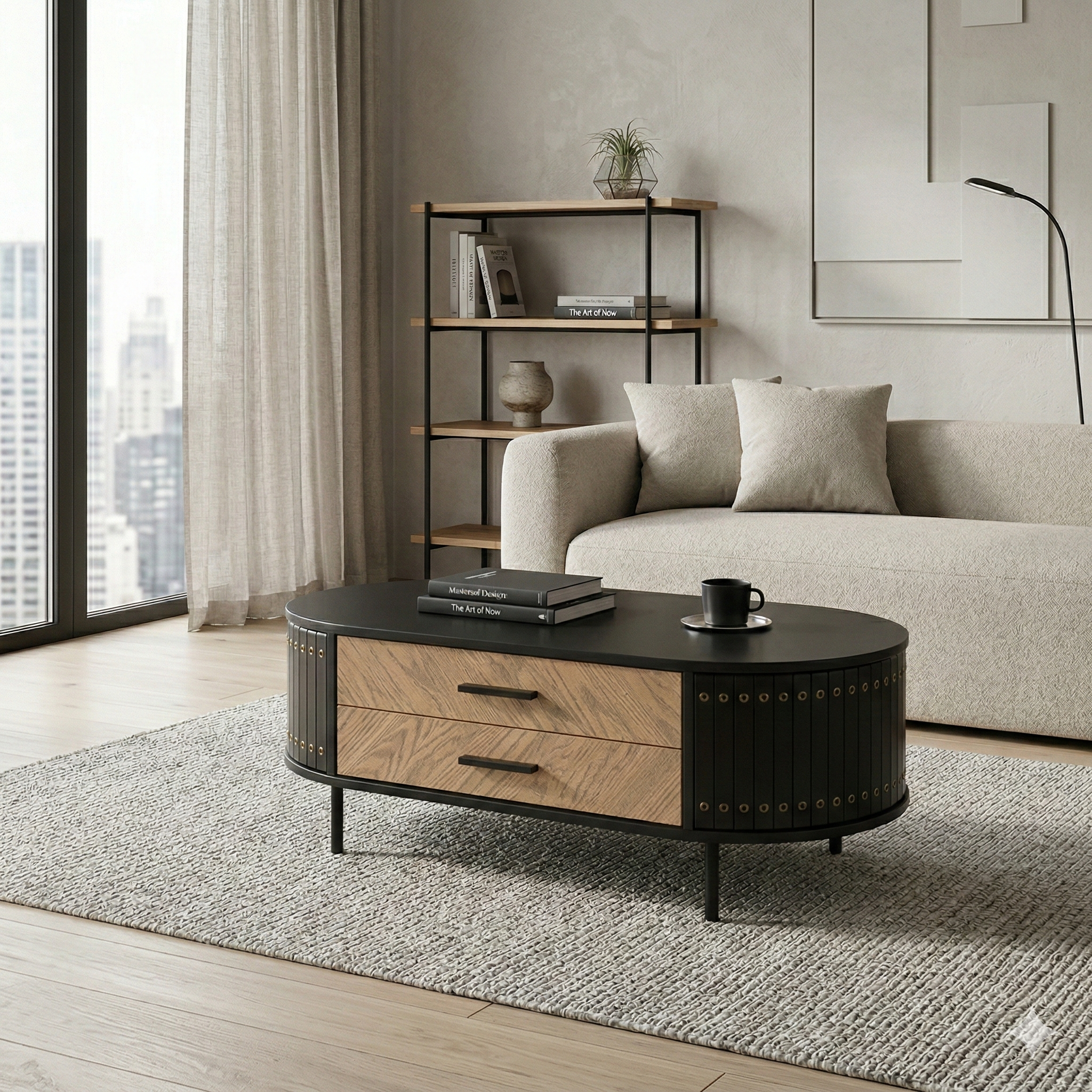 Modern living room with a coffee table, sofa, and bookshelf.