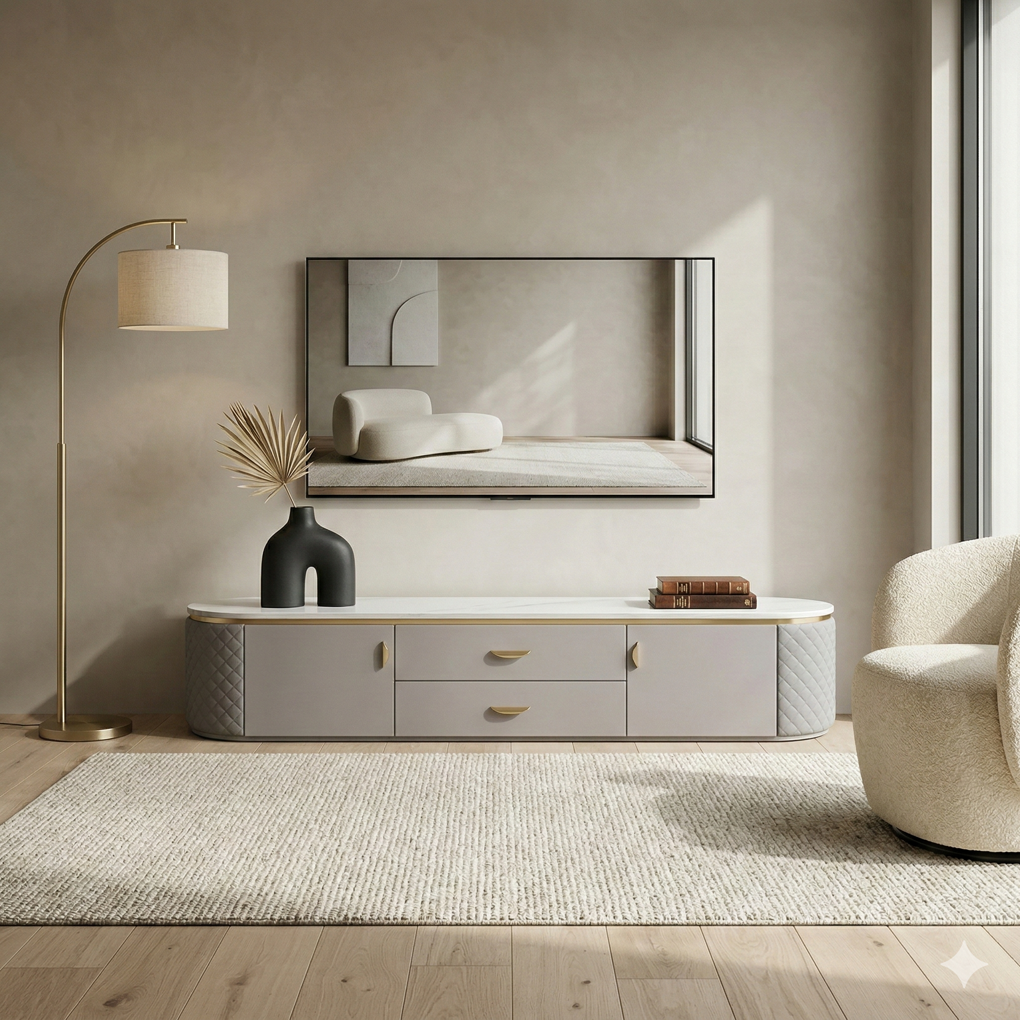 Modern living room with a TV console, floor lamp, and armchair.
