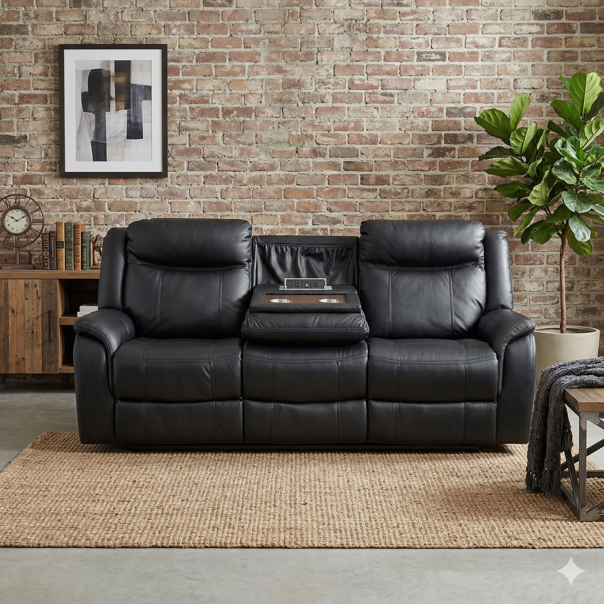 Black leather sofa in a living room with a brick wall and decorative items.