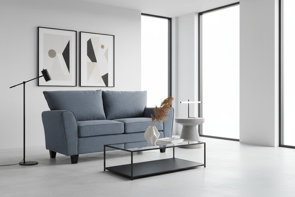 Modern living room with a gray sofa, coffee table, and abstract art on the wall.