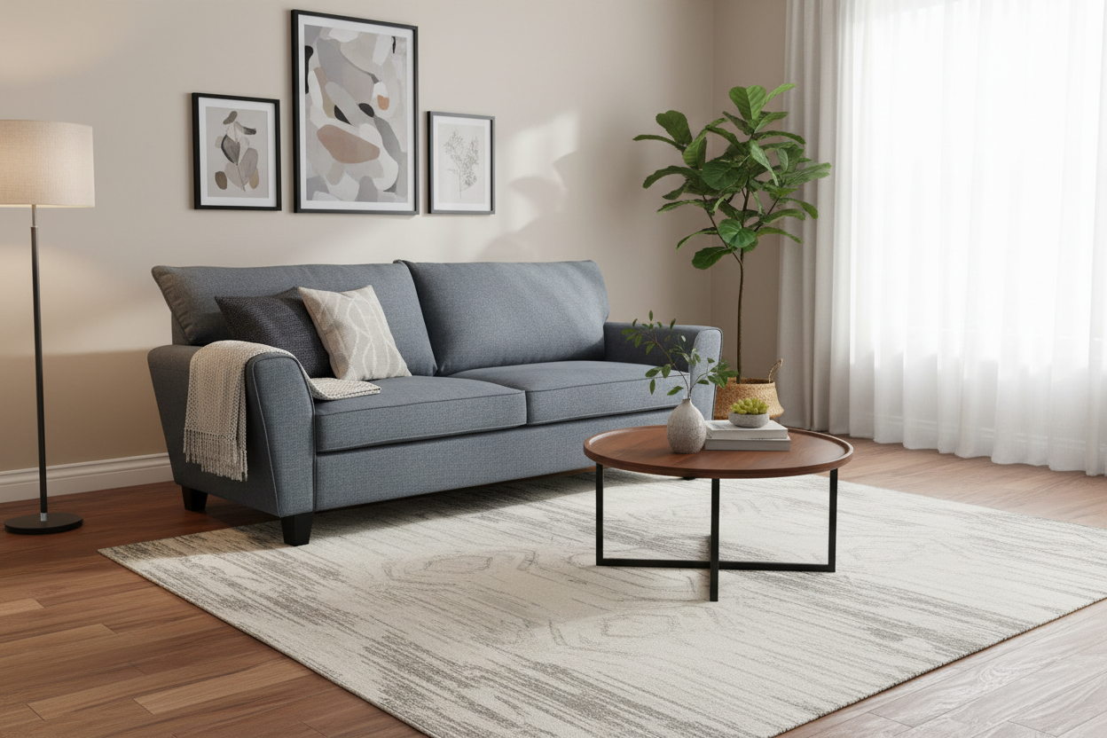 Living room with a gray sofa, coffee table, and decorative elements.