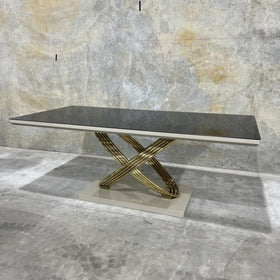 Dunhill dining table, grey and gold, showroom photo