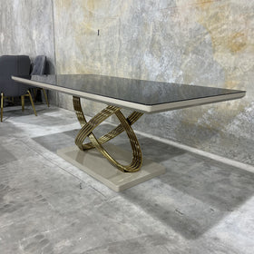 Dunhill dining table, grey and gold, showroom photo