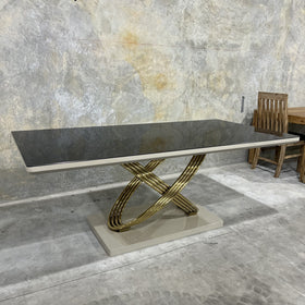 Dunhill dining table, grey and gold, showroom photo