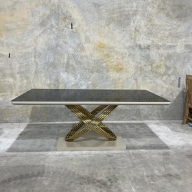 Dunhill dining table, grey and gold, showroom photo