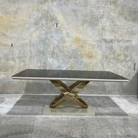 Dunhill dining table, grey and gold, showroom photo