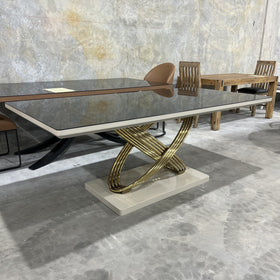 Dunhill dining table, grey and gold, showroom photo