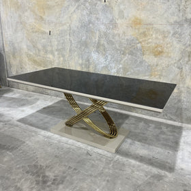 Dunhill dining table, grey and gold, showroom photo