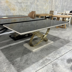 Dunhill dining table, grey and gold, showroom photo