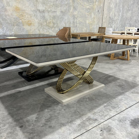 Dunhill dining table, grey and gold, showroom photo