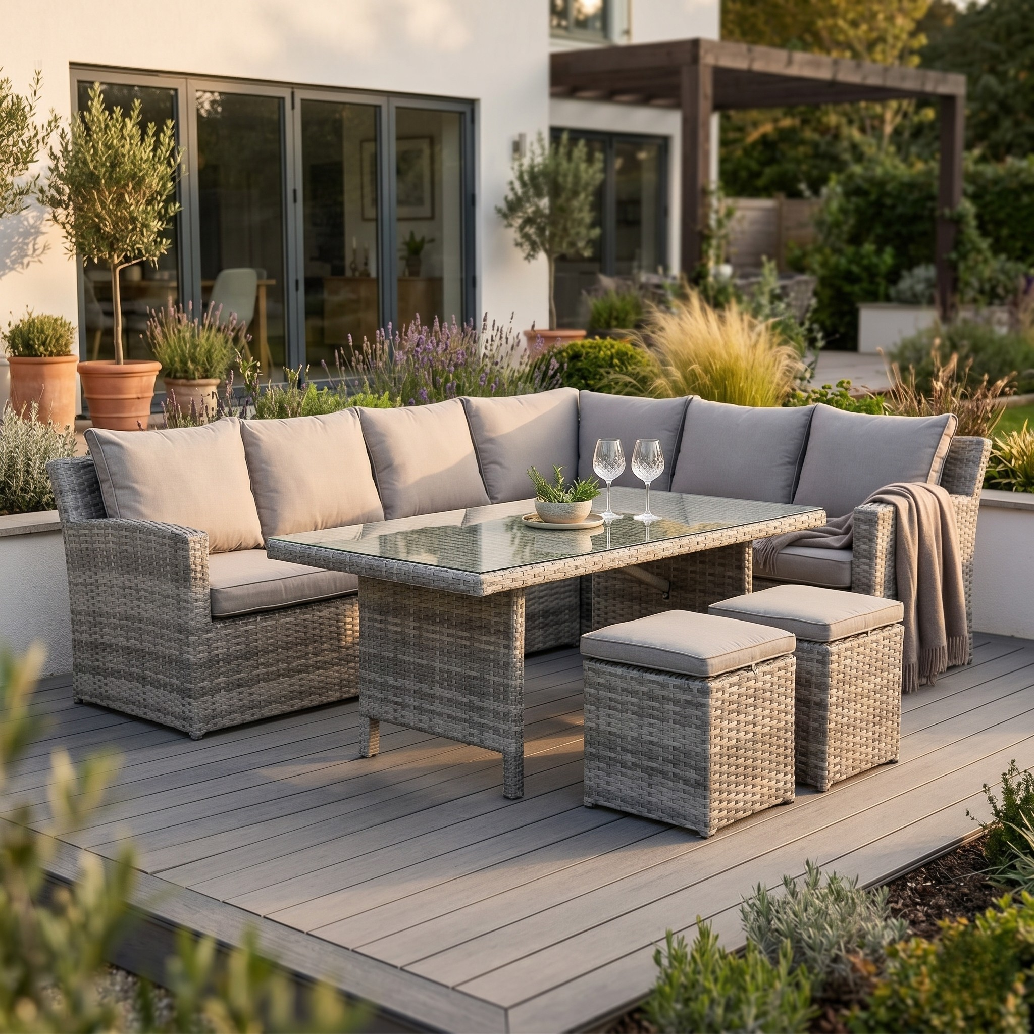 Outdoor patio set with gray cushions and a glass-top table on a wooden deck.