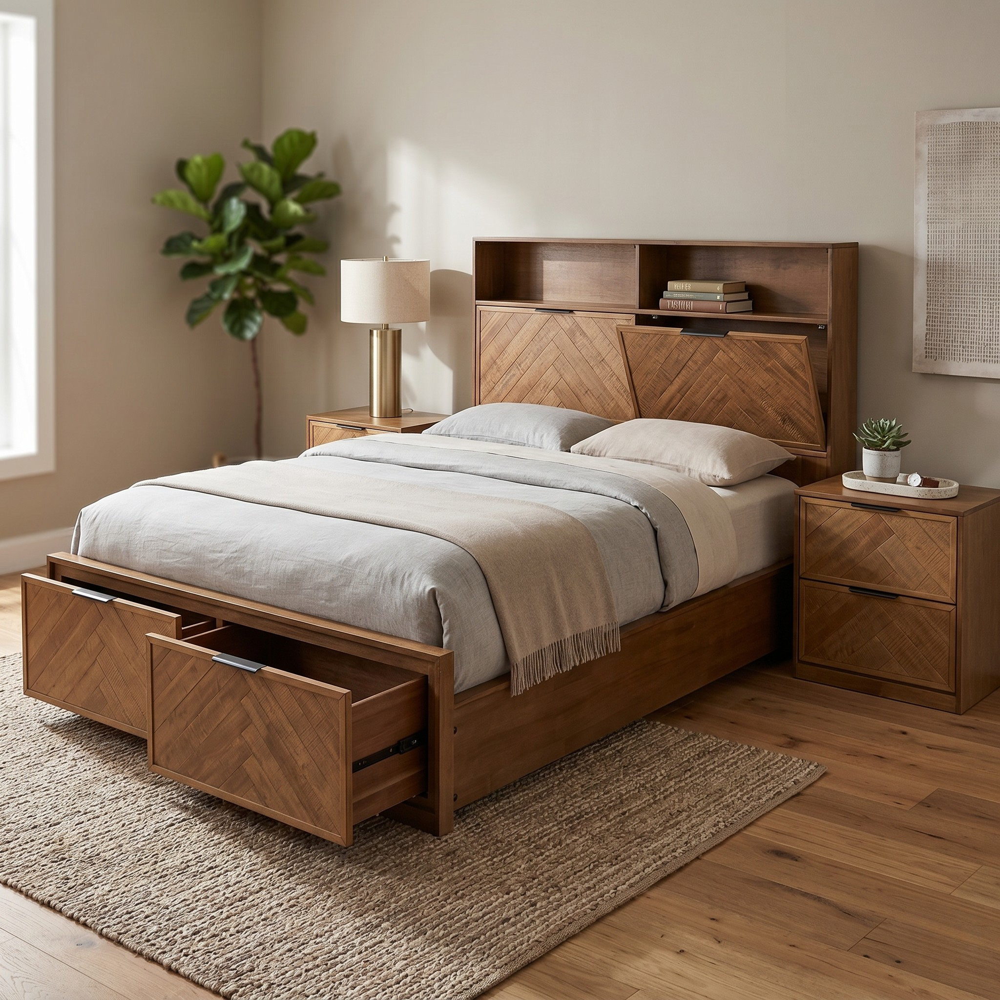 Wooden bed with storage drawers in a bedroom setting.