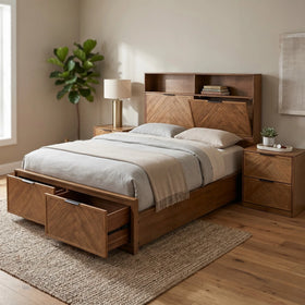 Wooden bed with storage drawers in a bedroom setting.