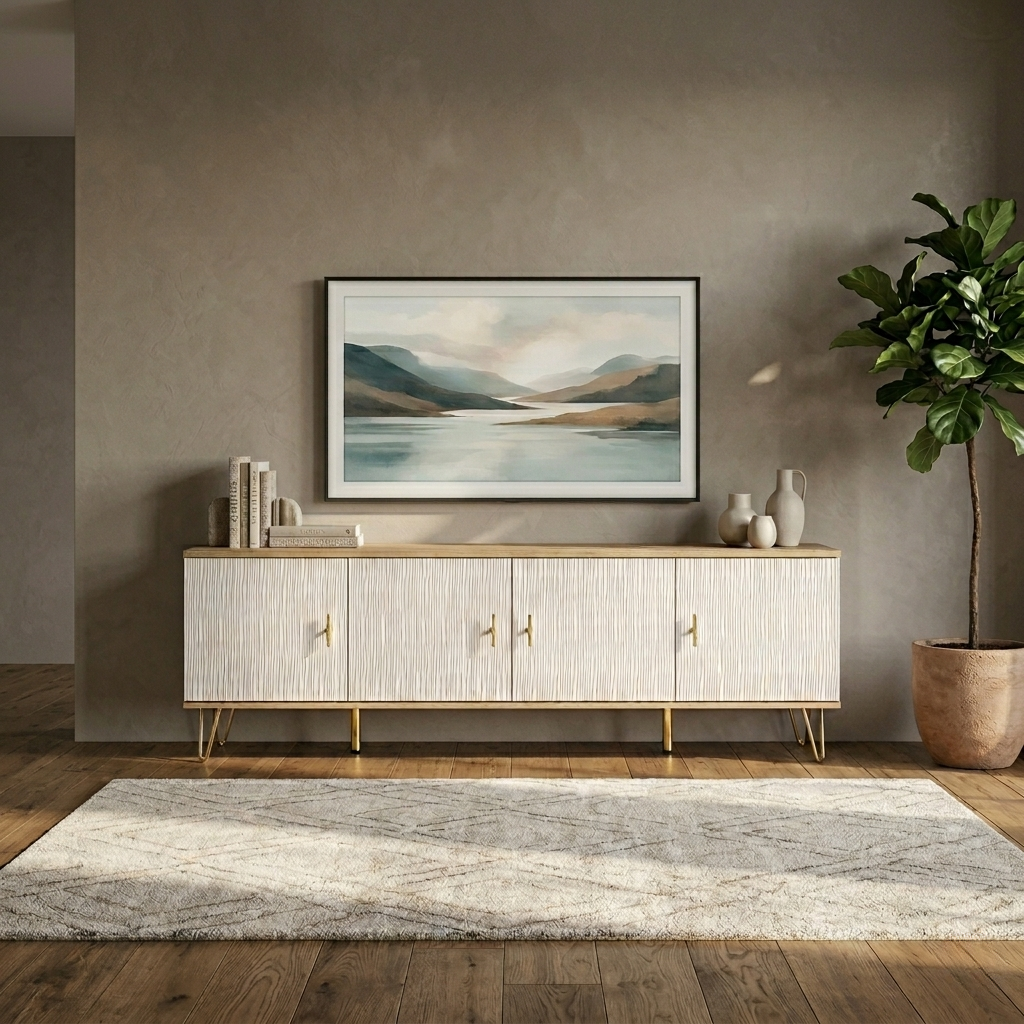 Modern living room with a TV UNit, framed landscape painting, and decorative items.