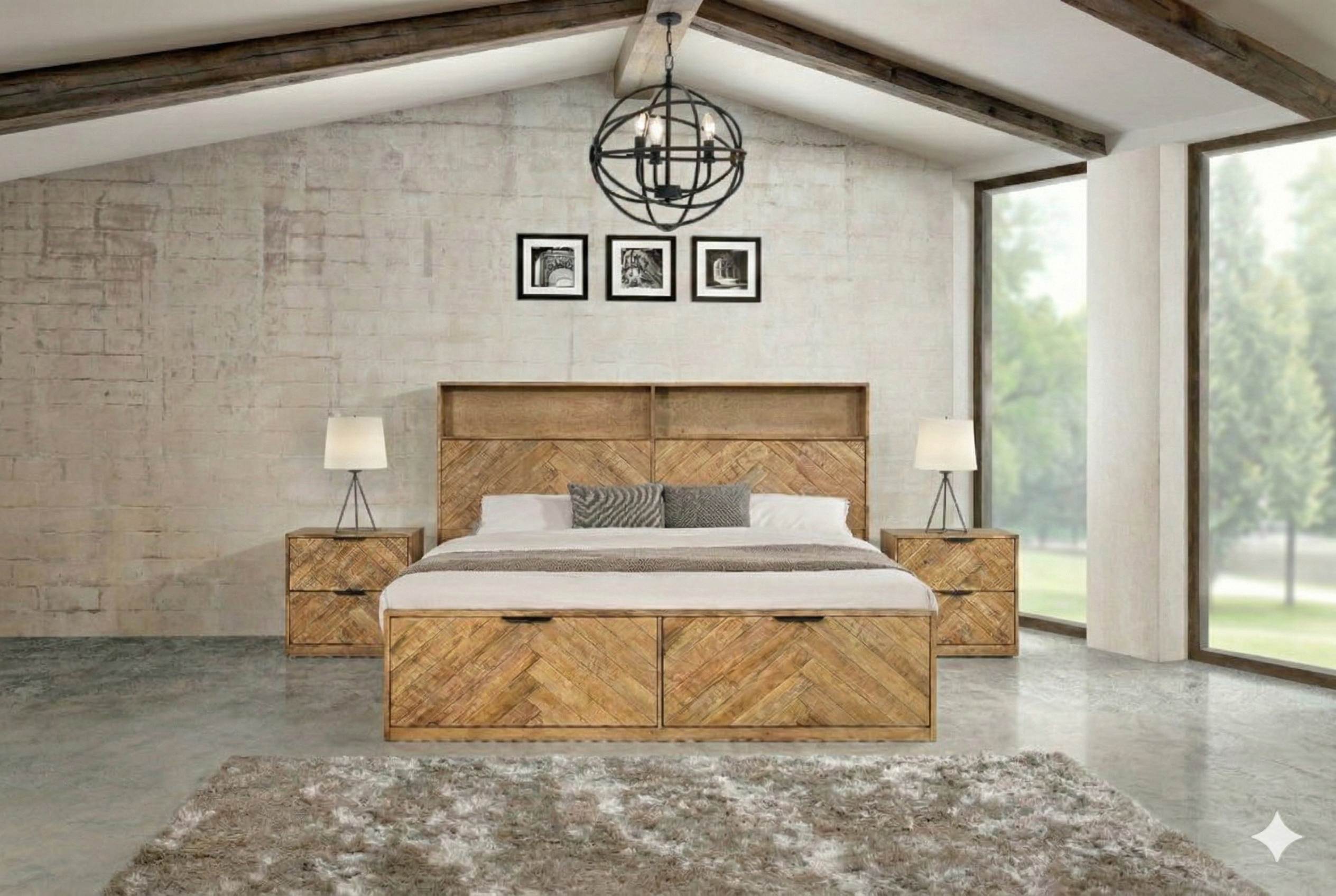 Wooden bed with matching nightstands in a modern bedroom setting.