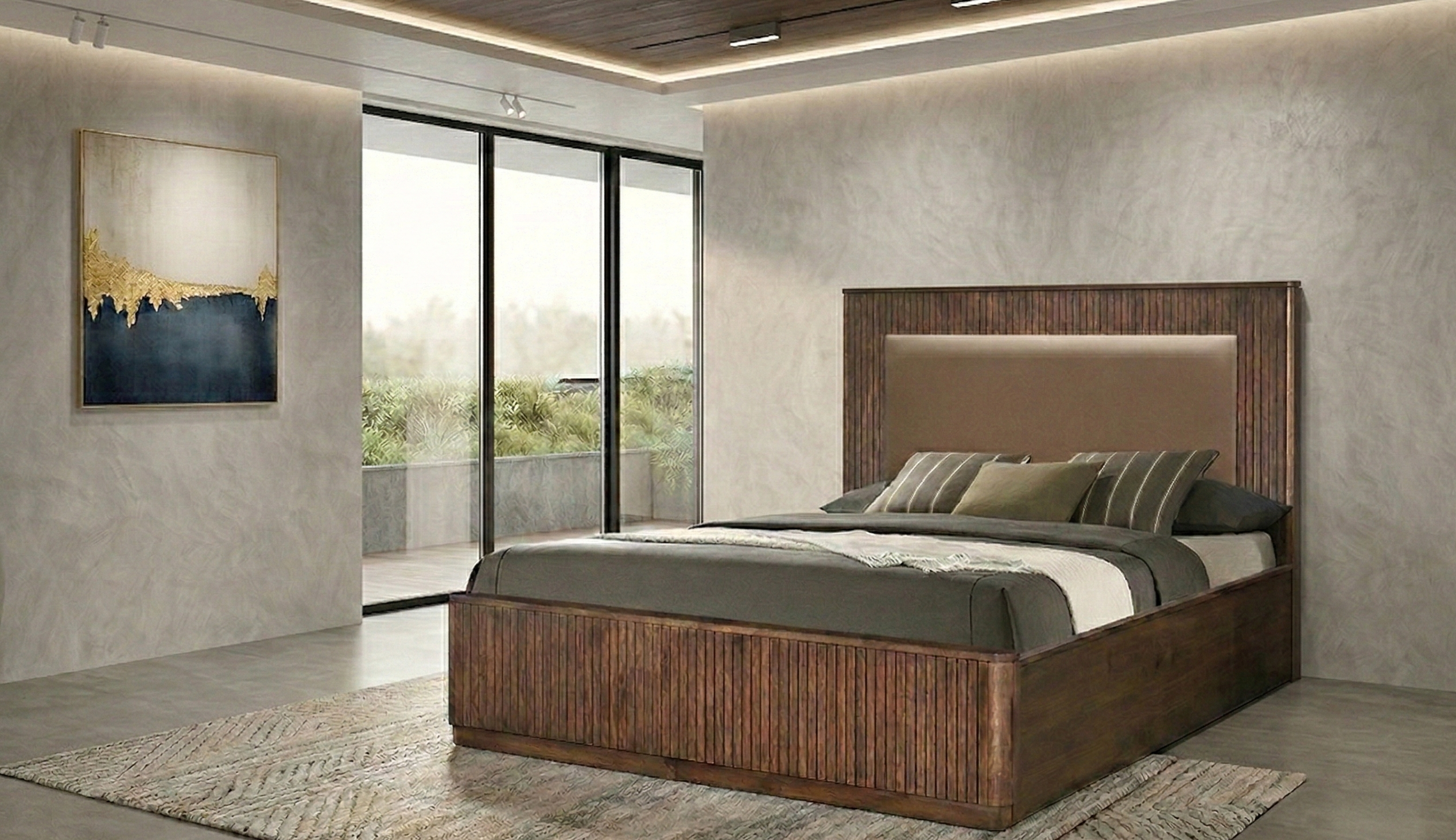 Modern bedroom with wooden bed and large windows